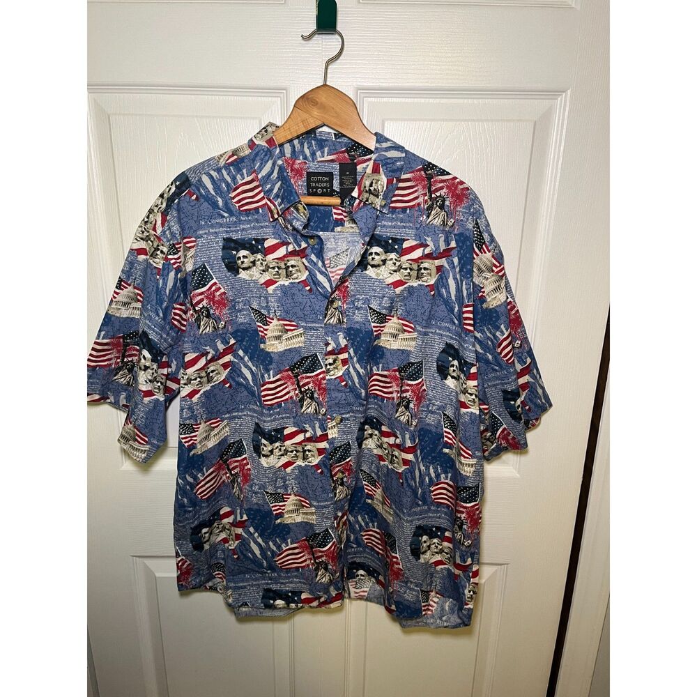 Cotton Traders Sport XL Patriotic Button Up Shirt USA Flag Mount Rushmore